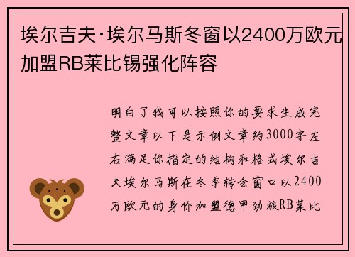 埃尔吉夫·埃尔马斯冬窗以2400万欧元加盟RB莱比锡强化阵容