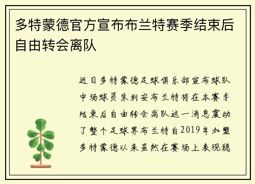 多特蒙德官方宣布布兰特赛季结束后自由转会离队
